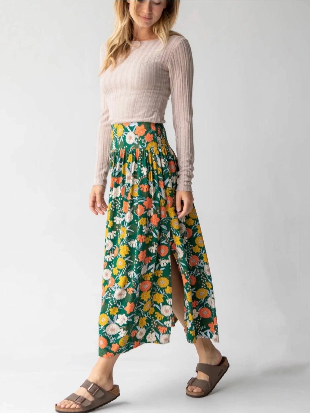 Natural Life Addie Floral Maxi Skirt Green Size M 100% Rayon Boho Minimalist - Picture 2 of 11